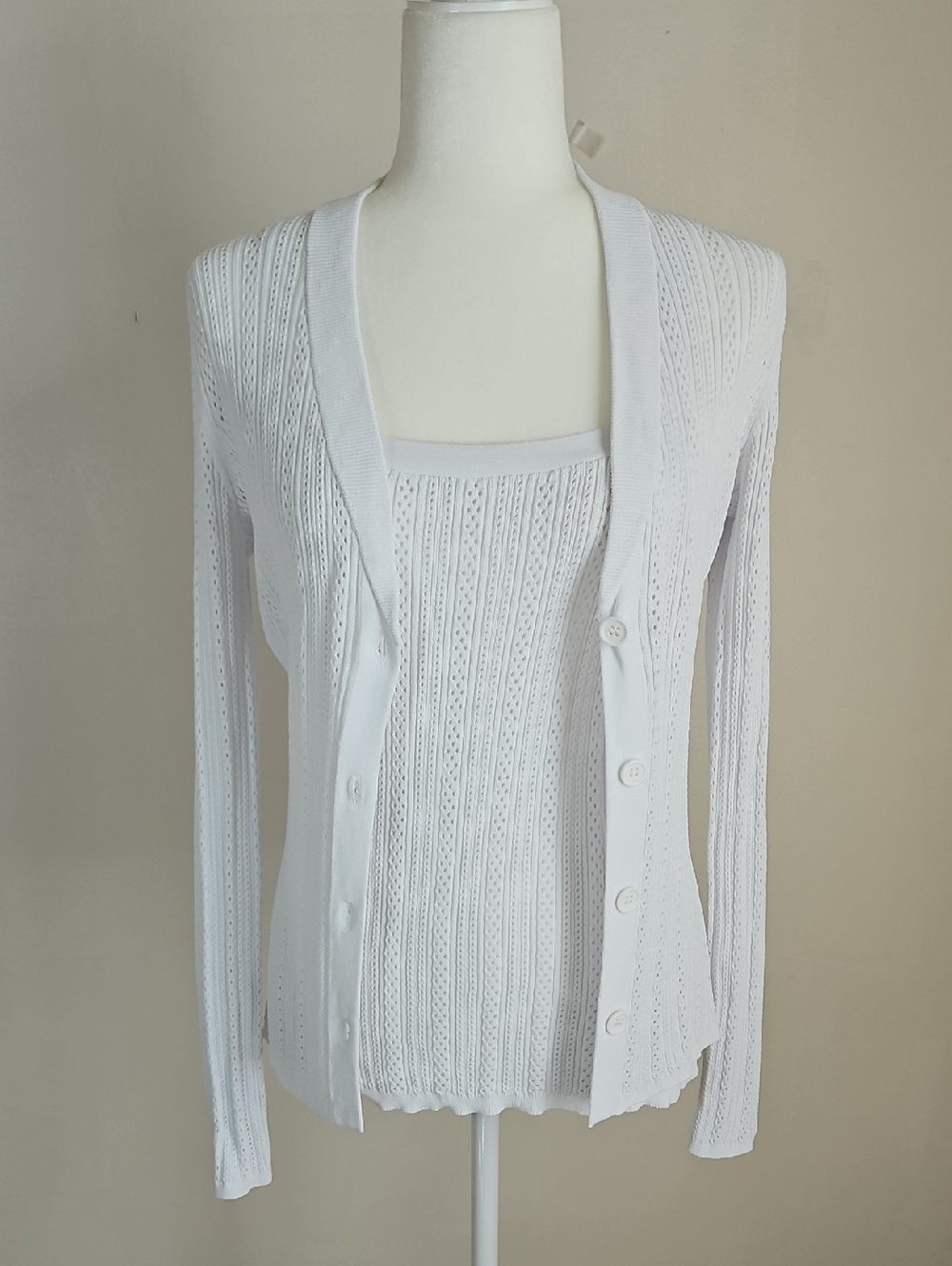 Capsule 121 Aspect Pointelle Knit Cardigan Sweater + Cami Tank White SZS